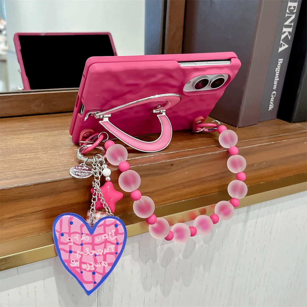 Cute Hot Pink Wrinkle Phone Case For Samsung Galaxy Z Fold8 7 6 Z Fold8 Ultra Bead Wrist Love Heart Shockproof Protective Cover