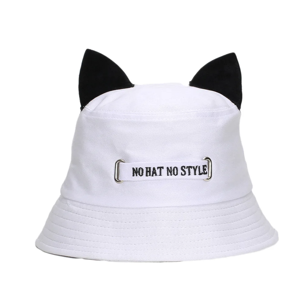 New Cute Cat Ears Fisherman Hat Women Casual Metal Ring Sun Cap Unisex Black Punk Bucket Hat Bob Outdoor Street Hip Hop Bonnets