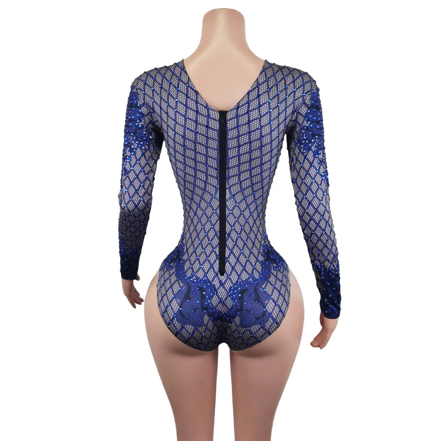 Sparkling Rhinestone Party Bodysuit Women Sexy Stretch Blue Crystal Prom Jumpsuit Nightclub Jazz Dancer Leotard Stage Costumes