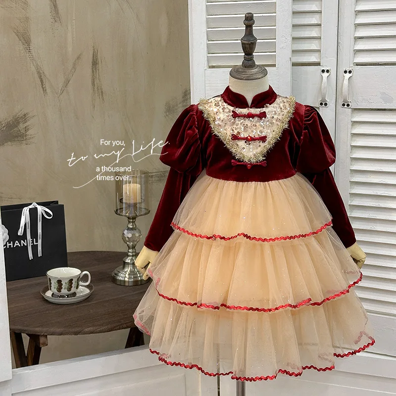 

Girls' Dress Autumn New Red Birthday Dress Princess Dress Little Girl Puffy Cake Dress Trendy