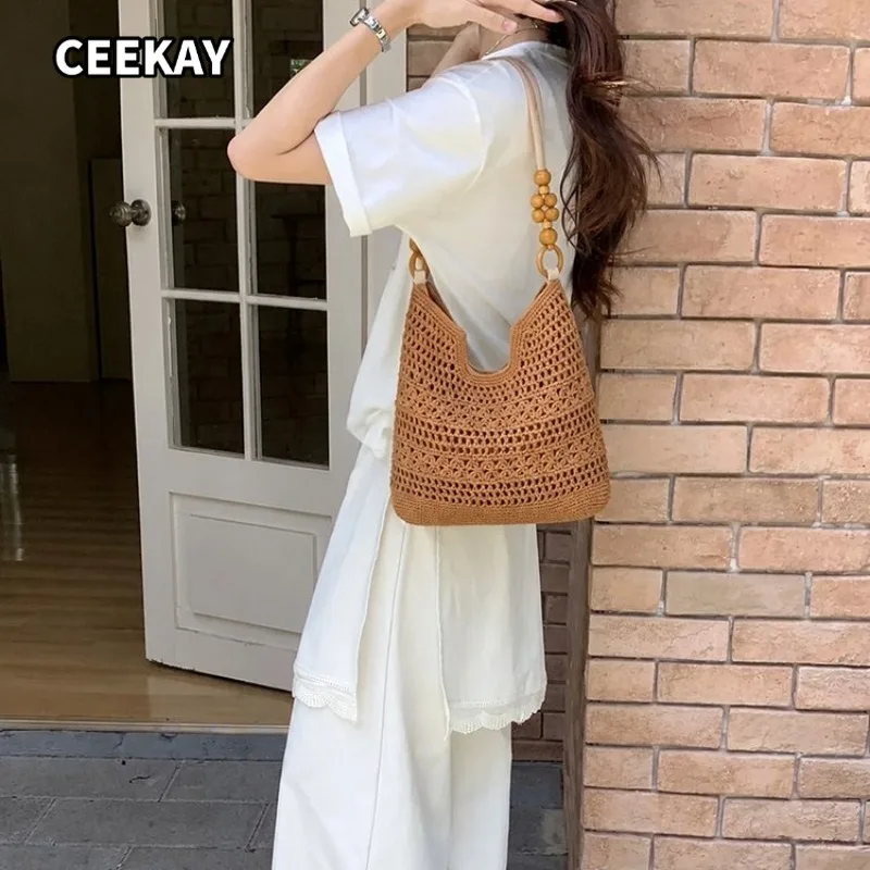 CEEKAY Woven Crochet Bag Wooden Bead Handle Top Handle Versatile Everyday Commute Casual Large Capacity Shoulder Purse Women