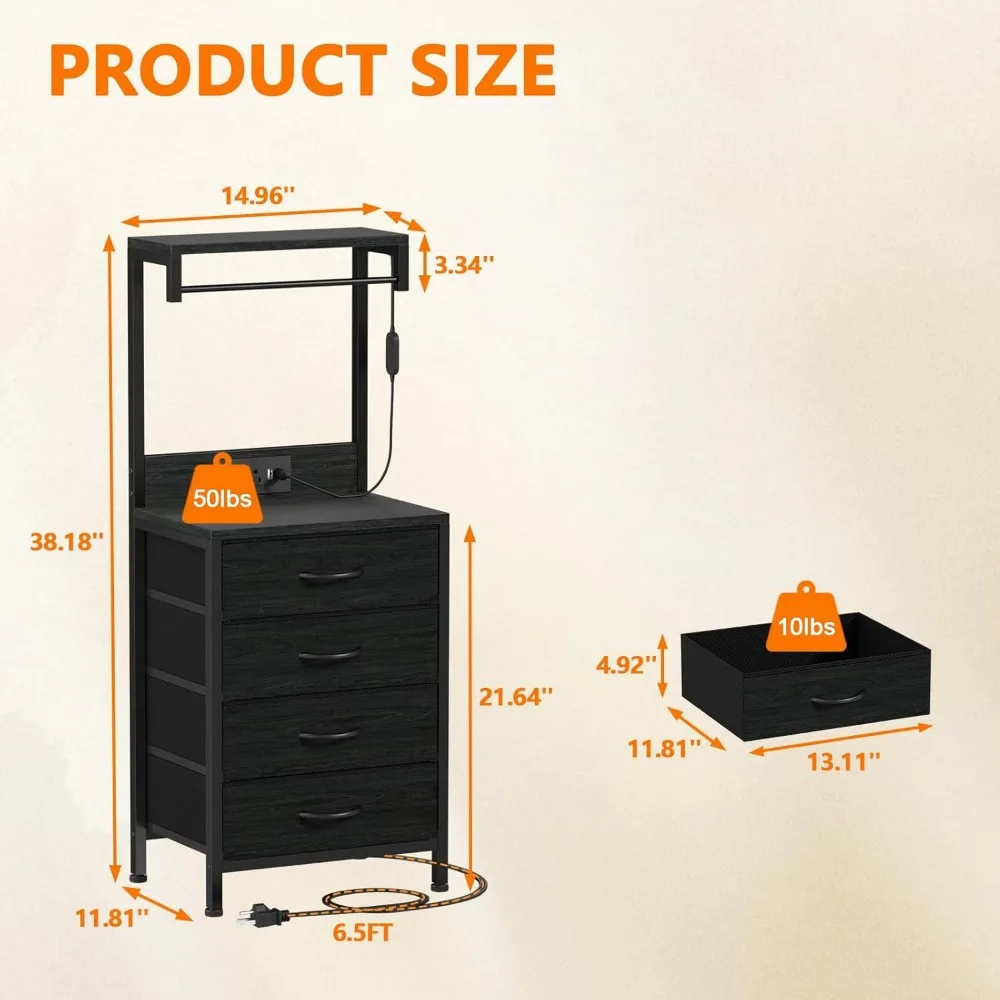 Comodino alto con stazione di ricarica, luci a LED, 4 cassetti e ripiani in tessuto per camera da letto, ufficio (rovere nero)