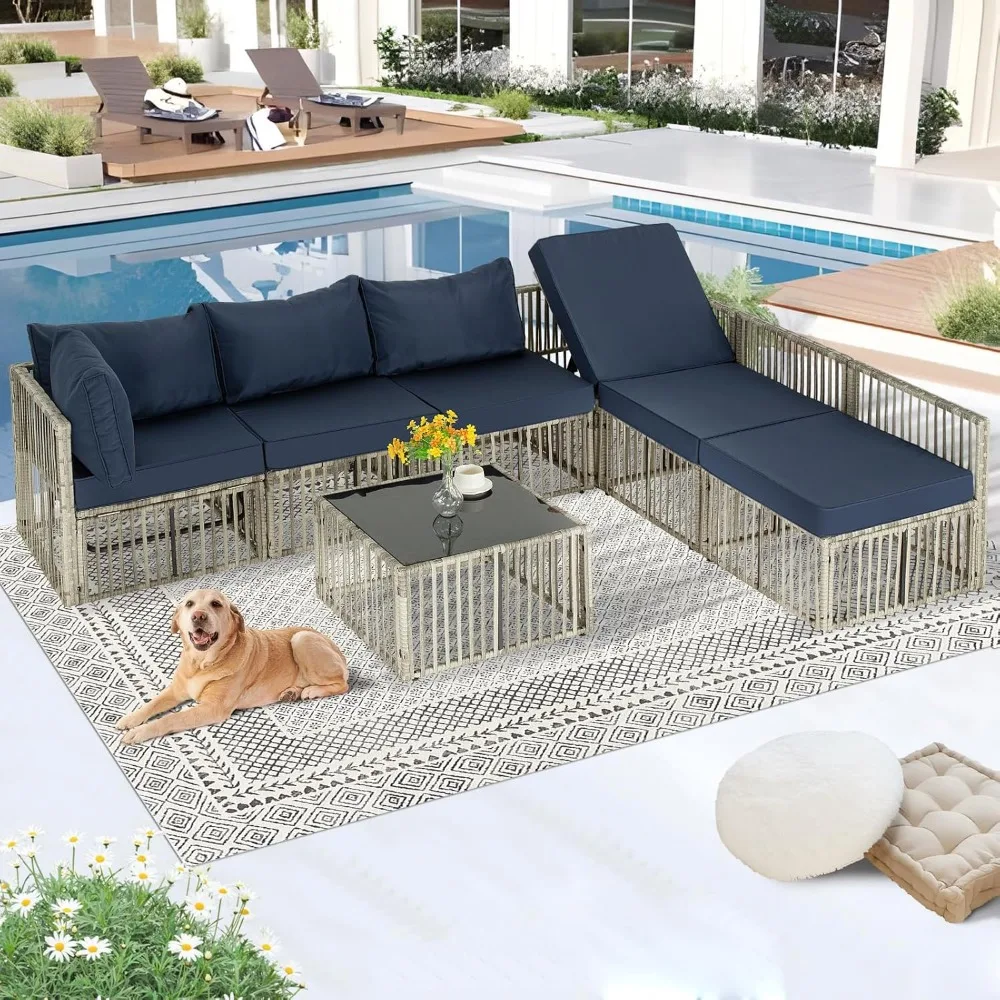 7 Pieces Outdoor Patio Furniture Set, Wicker Outdoor Sectional Conversation Couch Set with Adjustable Backrest Sofa, Blue Cushio