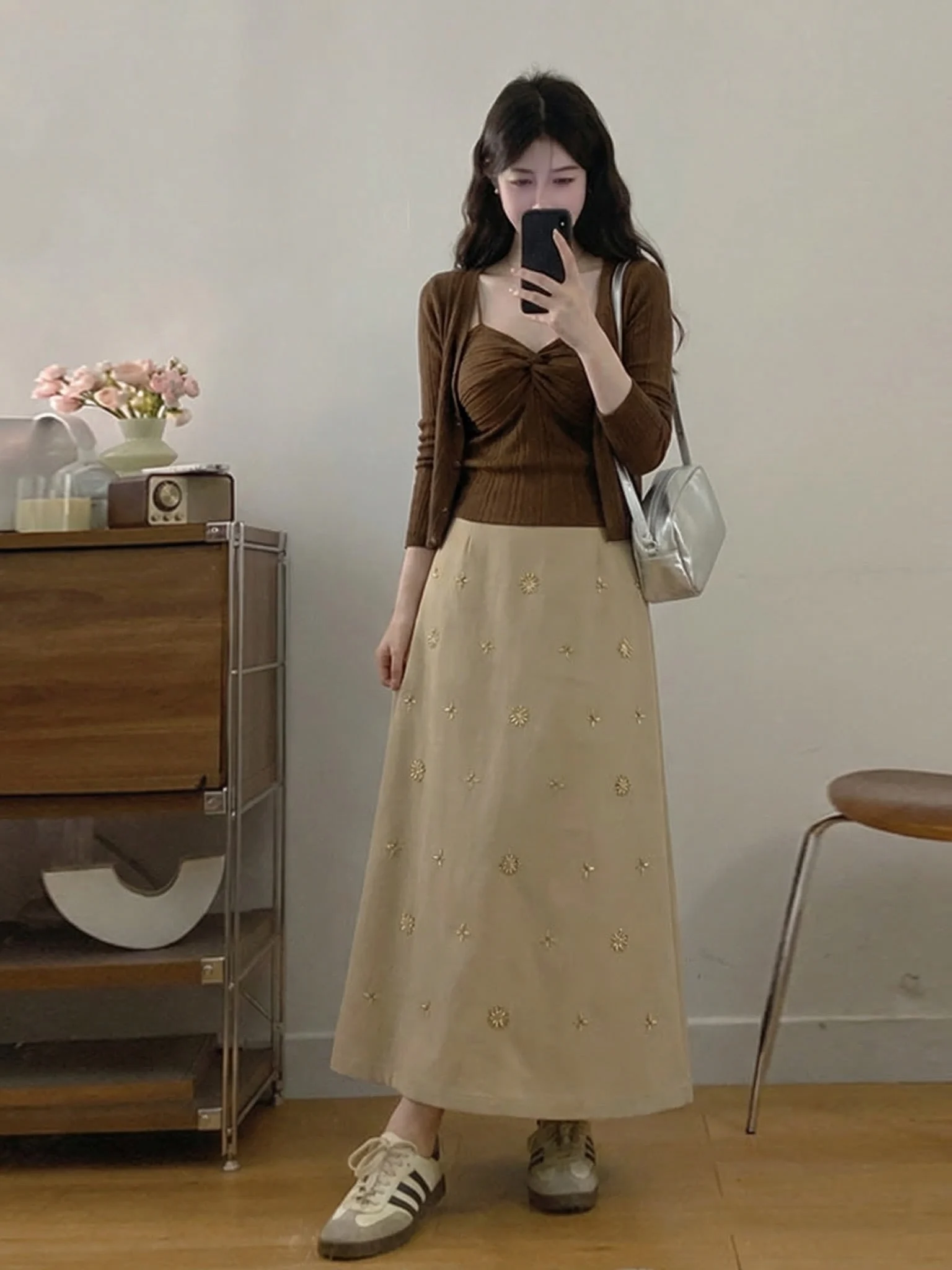 

Summer Fashion Set Women's plus Size High Waist Short Skirt Long Sleeve Strap Vest Cardigan Three-piece Suit Commute Style