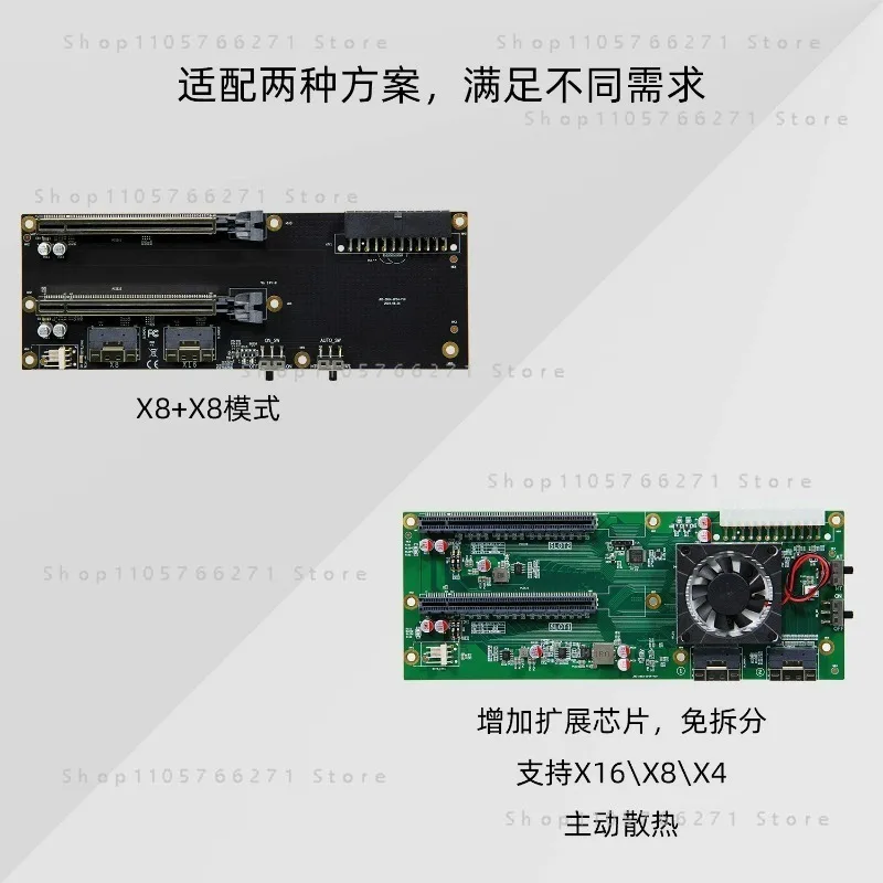 Double-wide dual-slot graphics card holder pass-through x8x8 expansion PEX8749PCIe3.0x16x16ATX power supply