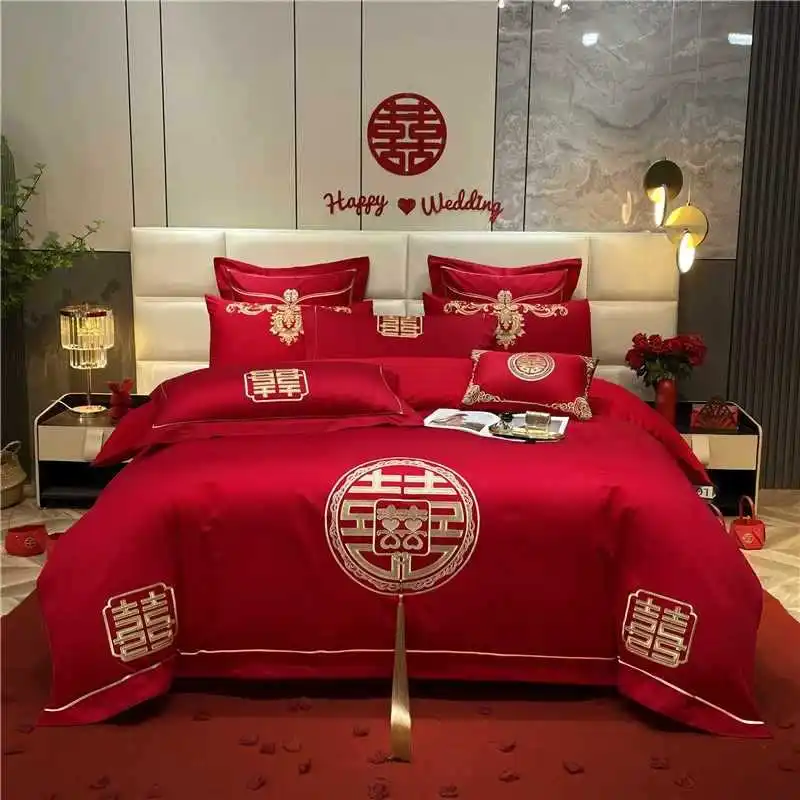 Chinese Dahong wedding four-piece set of 100 long-staple cotton newlyweds happy quilt cover dowry wedding