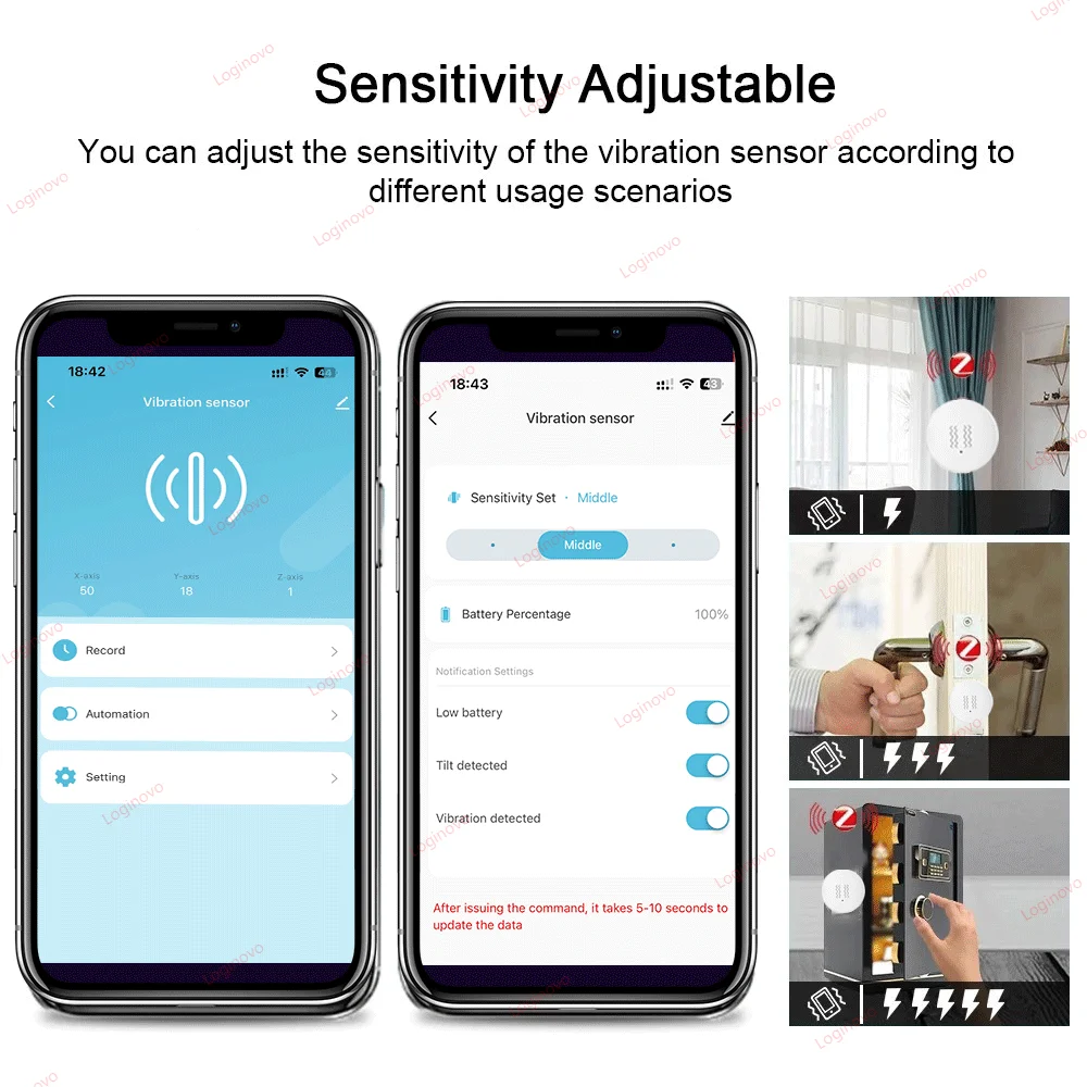 Sensor de inclinación de vibración ZigBee para puerta y ventana con eje XYZ, detección de alarma de seguridad para el hogar inteligente, Compatible con Tuya Smart Life