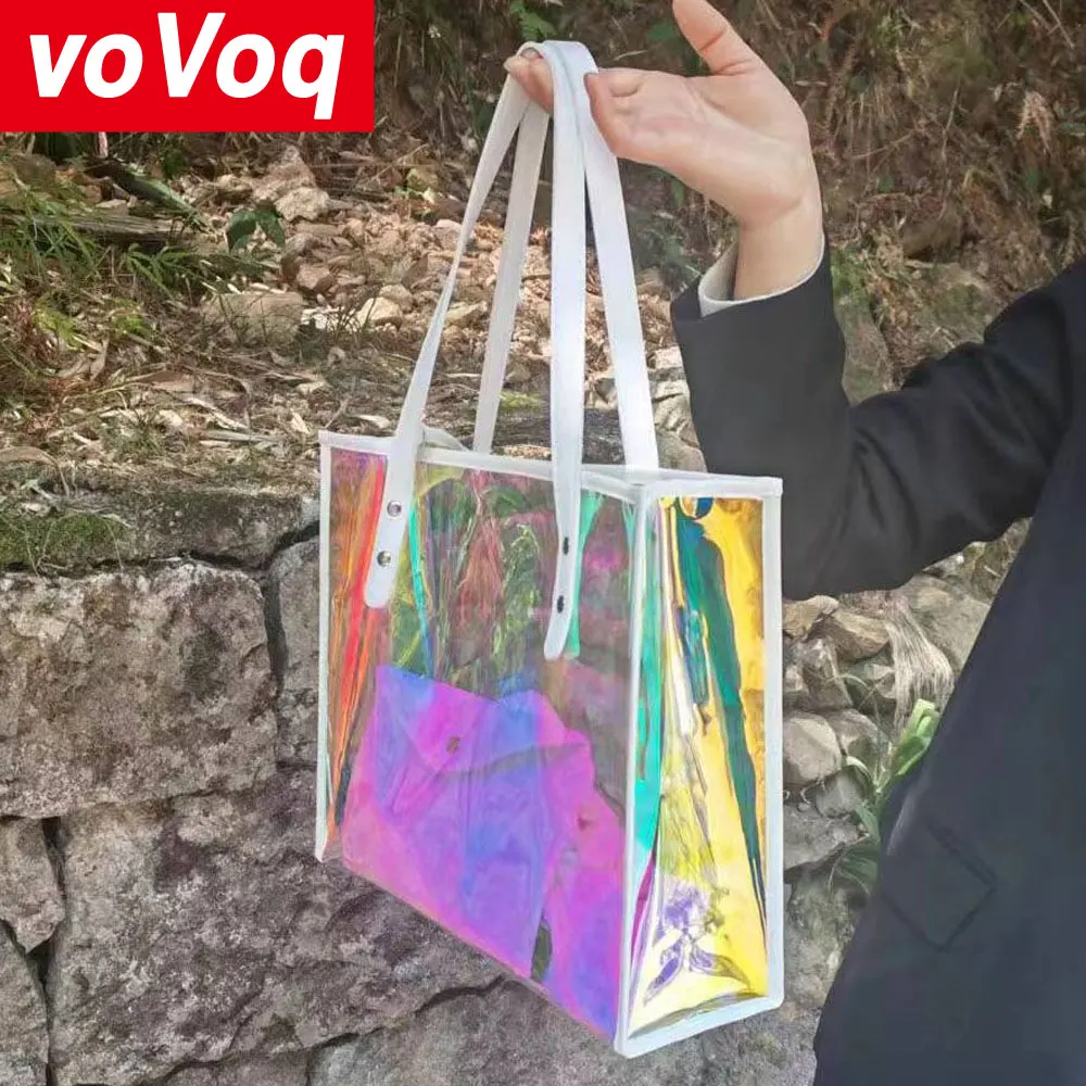 Nueva bolsa de gelatina láser de playa, bolso transparente colorido, conjunto de 2 uds., bolsa de regalo de gran capacidad de PVC de estilo de oficina, logotipo personalizable