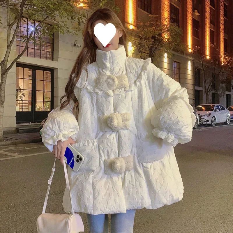 Parka chaude épaisse blanche pour femme, ample, manches longues, col montant, boutons cachés, manteau d'hiver, vestes en coton à volants