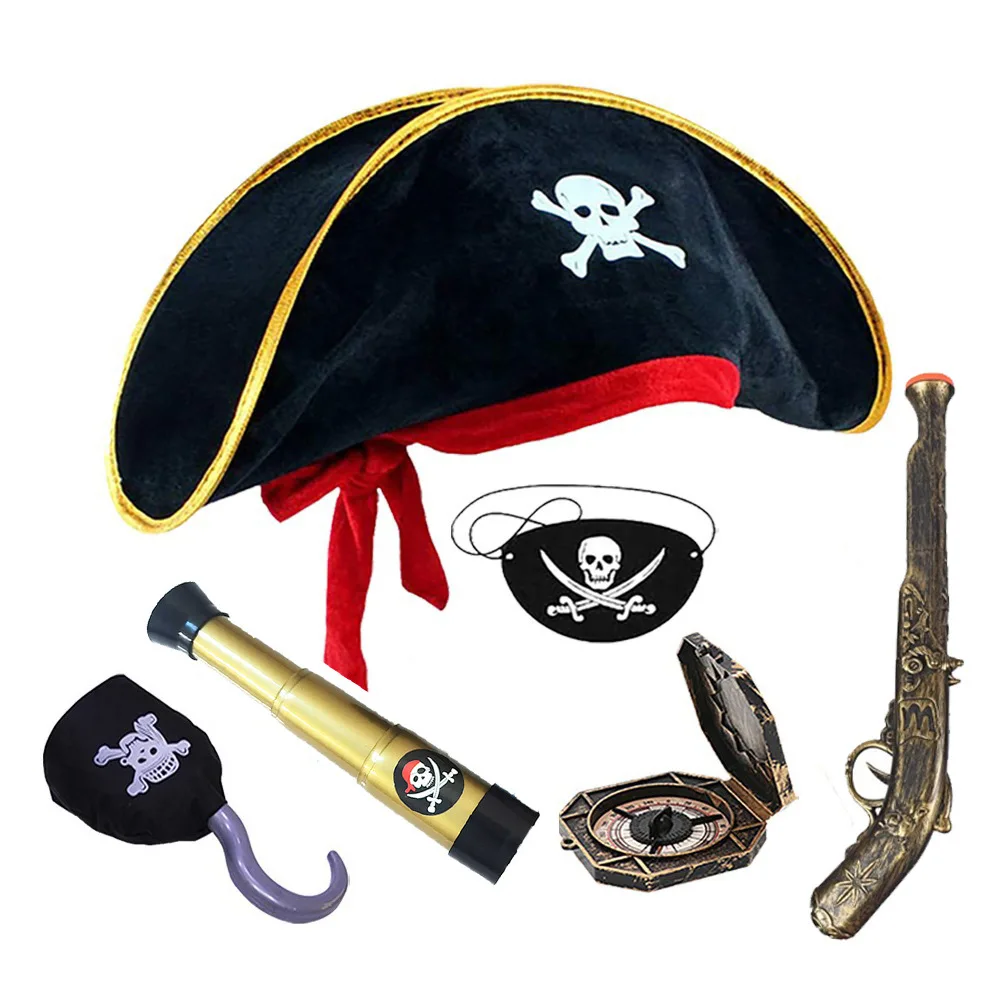 

Kids Pirate Captain Role Play Costume Accessories Skull Print Hat Eye Patch Telescope Hook Set 2024 Halloween Props for Boy Girl