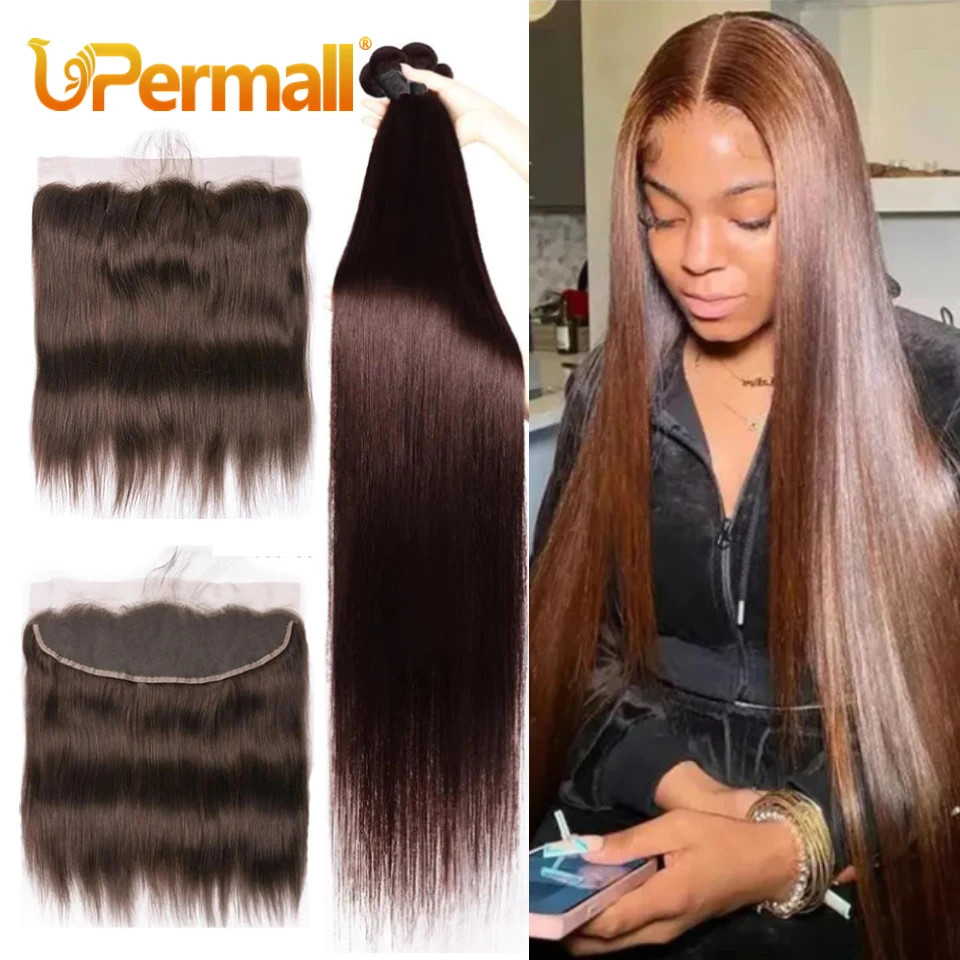 Upermall bundel rambut manusia lurus 2/3/4 dengan Frontal 13x6 coklat telinga ke telinga transparan 13x4 penutup renda dan bundel