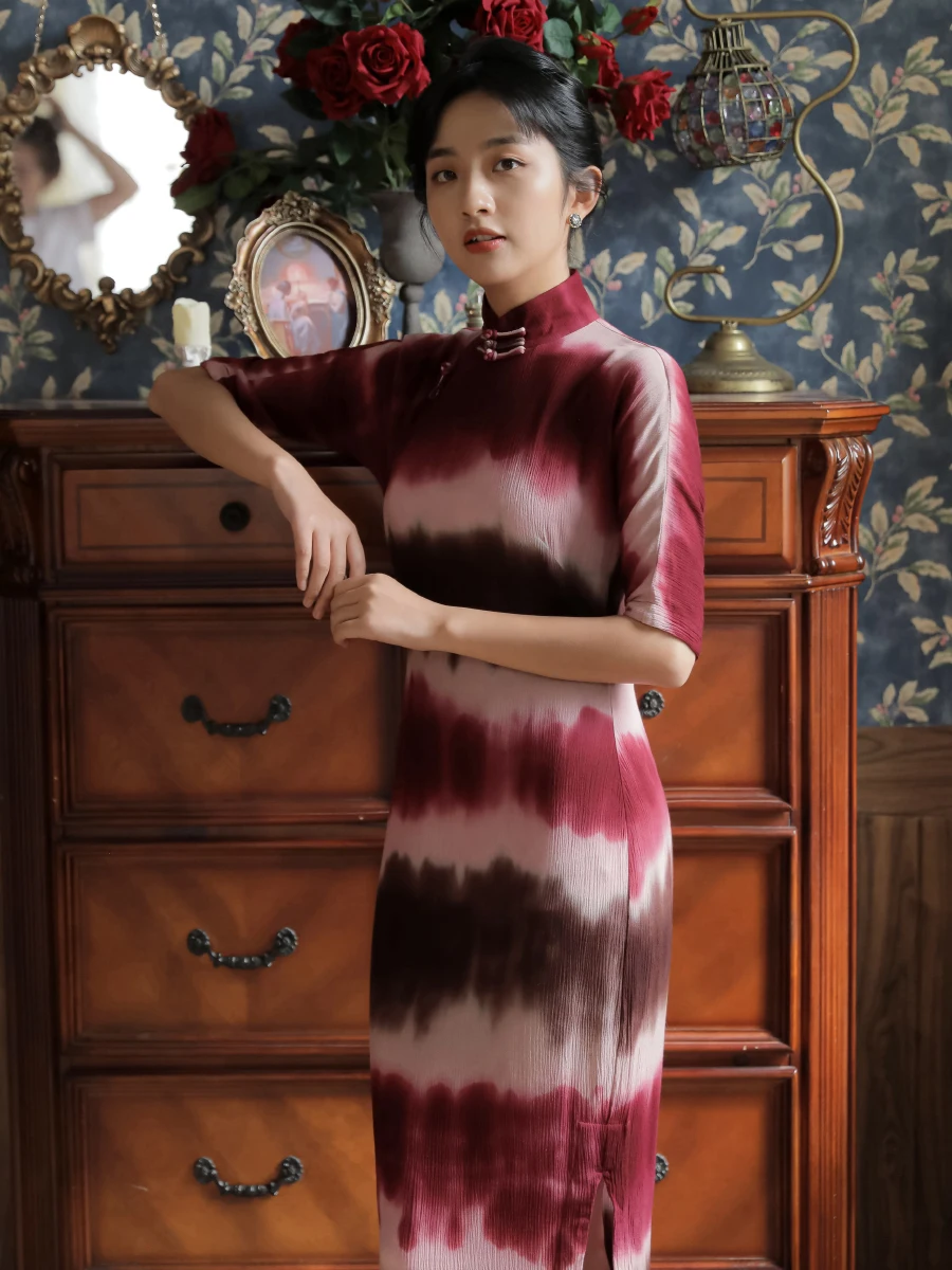 

Vintage Style Cotton Silk Long Qipao Full Slit Midi Sleeveless Dress Floral Print Daily Wear Low Slit