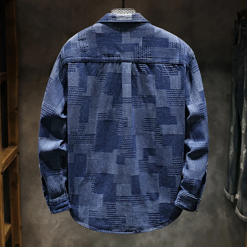 Autumn New Fashion Printed Panel Denim Shirt Japanese Coat Male Simple Casual Loose Vintage Jean Jacket Streetwear Plus Size 5XL