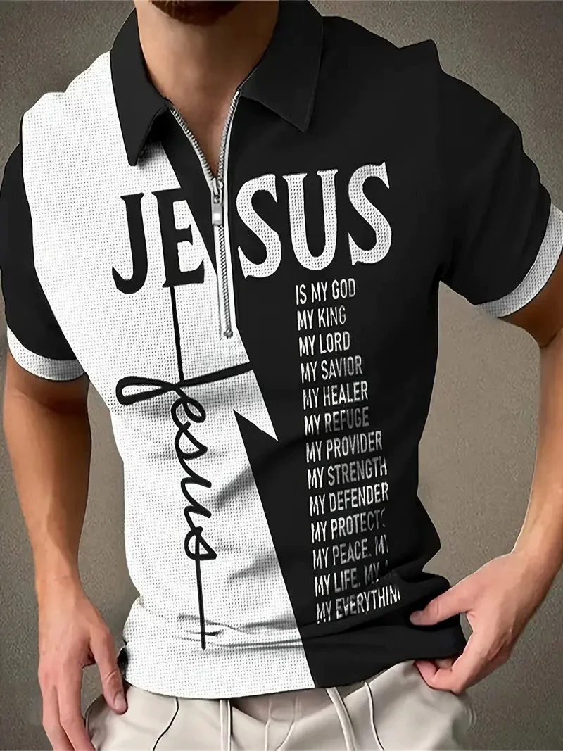 Men's Jesus Letters Pattern Fashion Polos T-Shirts Short Sleeve 3D Printed Street Zippers POLO T Shirt 6XL Plus Size Casual Tops
