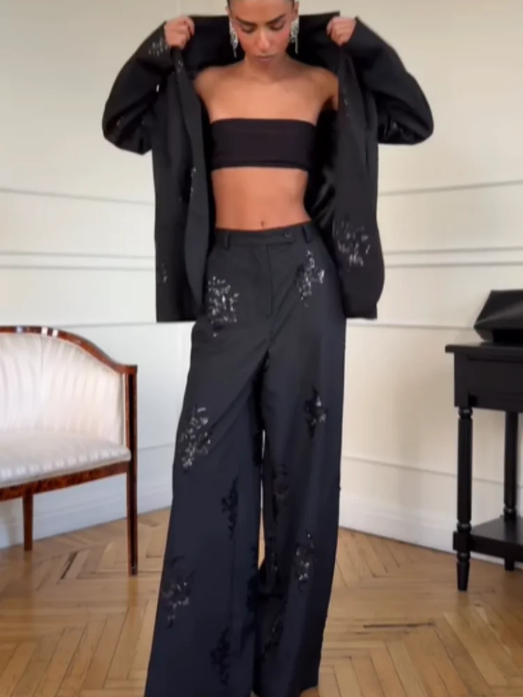 Chic Sequins Embroidery Shinny Blazer Sets High Collar Commuter Coat Wide Leg Office Suit Pants 2026 Lady Spring Outfits