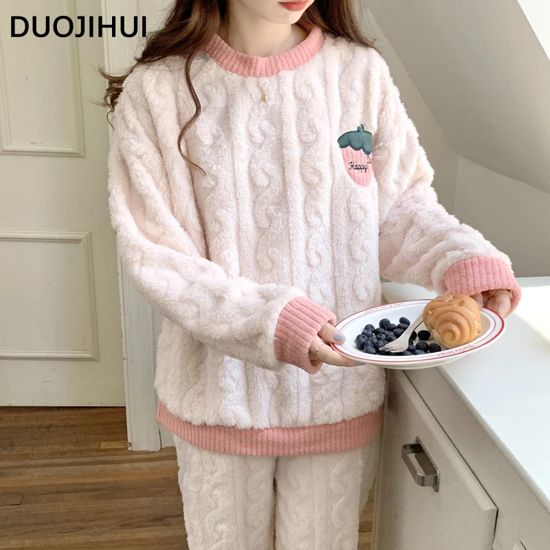 DUOJIHUI Sweet Print Contrast Color Female Pajamas Set Basic O-neck Pullover Loose Casual Pant Fashion Simple Pajamas for Women