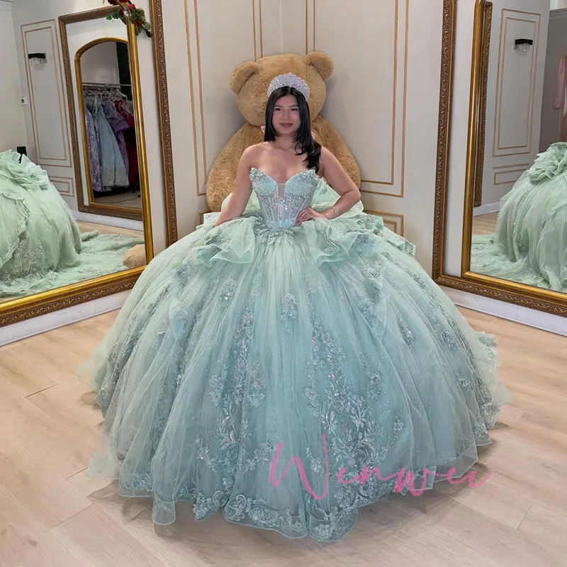 mint green sweet sixteen dresses Mint Green Off Shoulder Quinceanera Sage Green Prom... From Haiyan4419, $238.62