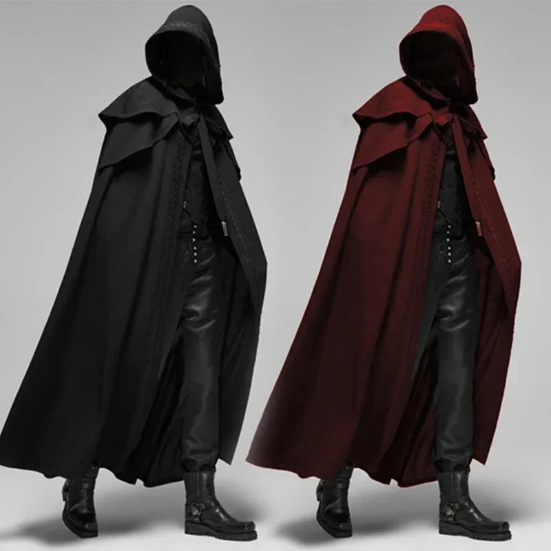 Medieval Vintage Hooded Loose Black Cloak Coats Windproof Trench Chic Winter Long Cape Poncho Gothic Mens Monk  Cosplay