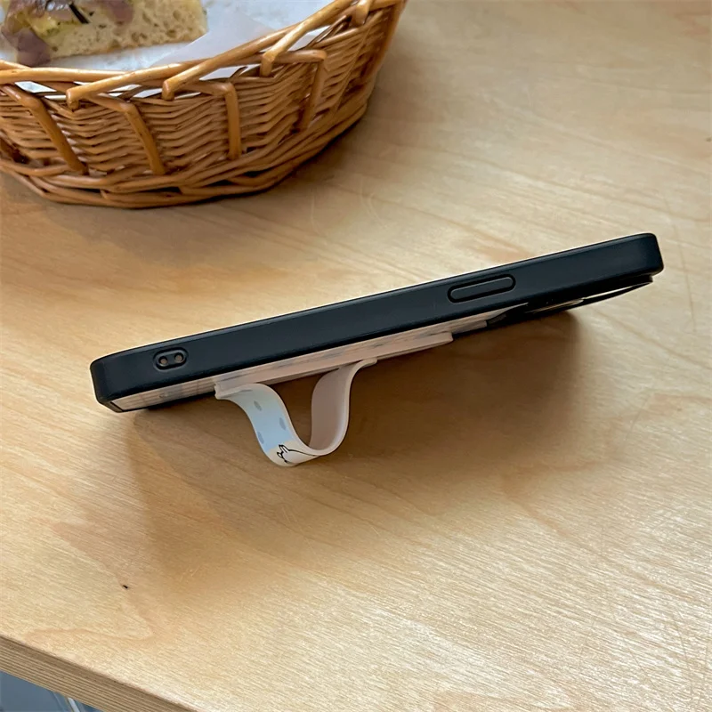 Korean Blue Plaid Pattern Phone Case For iPhone 16 Pro 15 13 14 Pro Max Cover with Cute Bear Stand Holder Hard Cases Lovely Capa