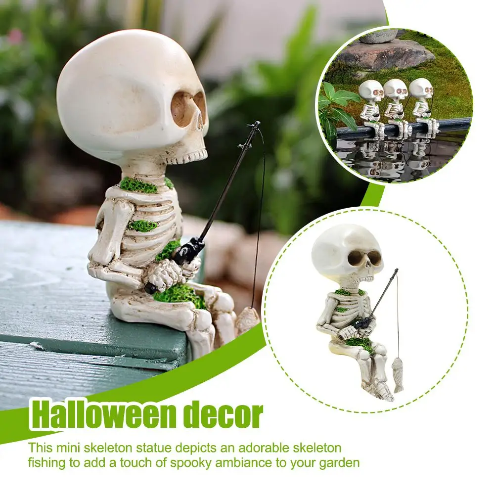 Halloween Miniature Fishing Skeleton Resin Sitting Atmosphere Ghost Party Decoration Head Horror Halloween Figurine Yard Ga L9W6