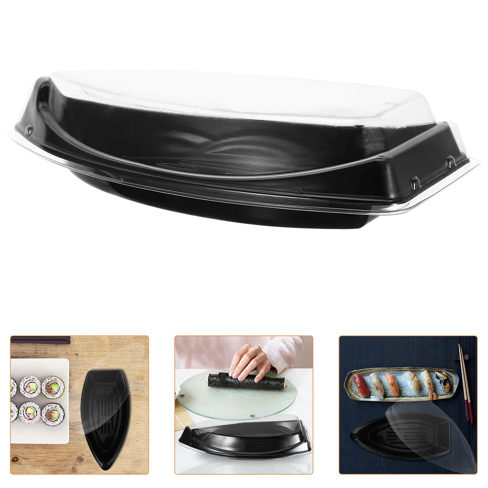 

10Pcs Japanese Sushi Packaging Box Boat Shaped Lids Takeout Containers Plastic Sushi Boat Plates Catering Parties Events