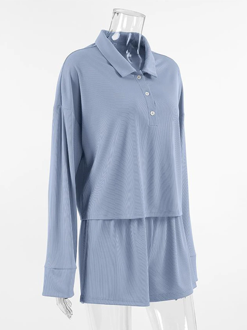 Marthaqiqi Casual Femme Nightie Suit Turn-Down Collar Pajama Long Sleeve Sleepwear Crop Top Nightgown Shorts Women Nightwear Set