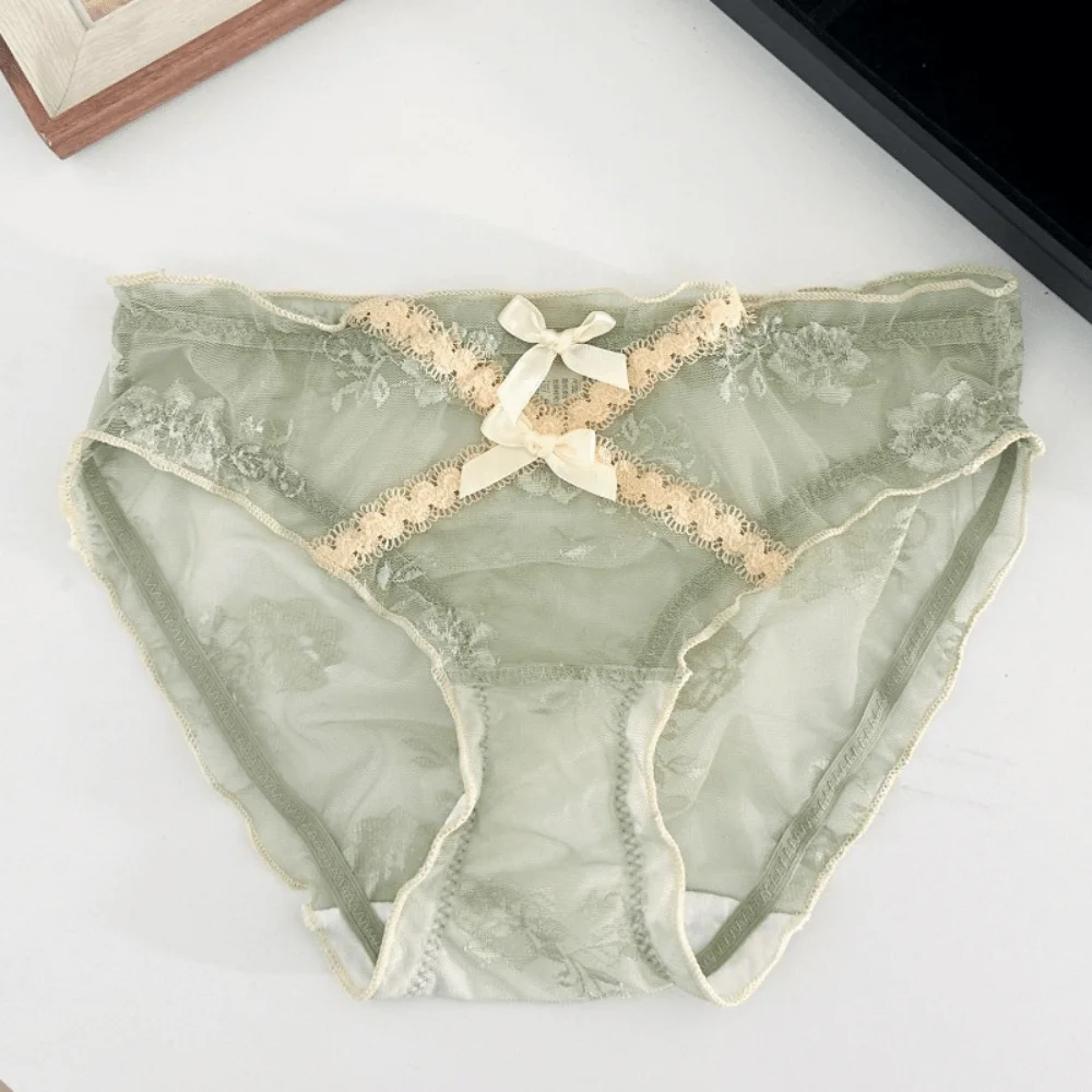Comfortable Low Waist Lace Panties Transparent Bow Underwear for Women Cotton Crotch Lingerie Lace Thin Underwear Female