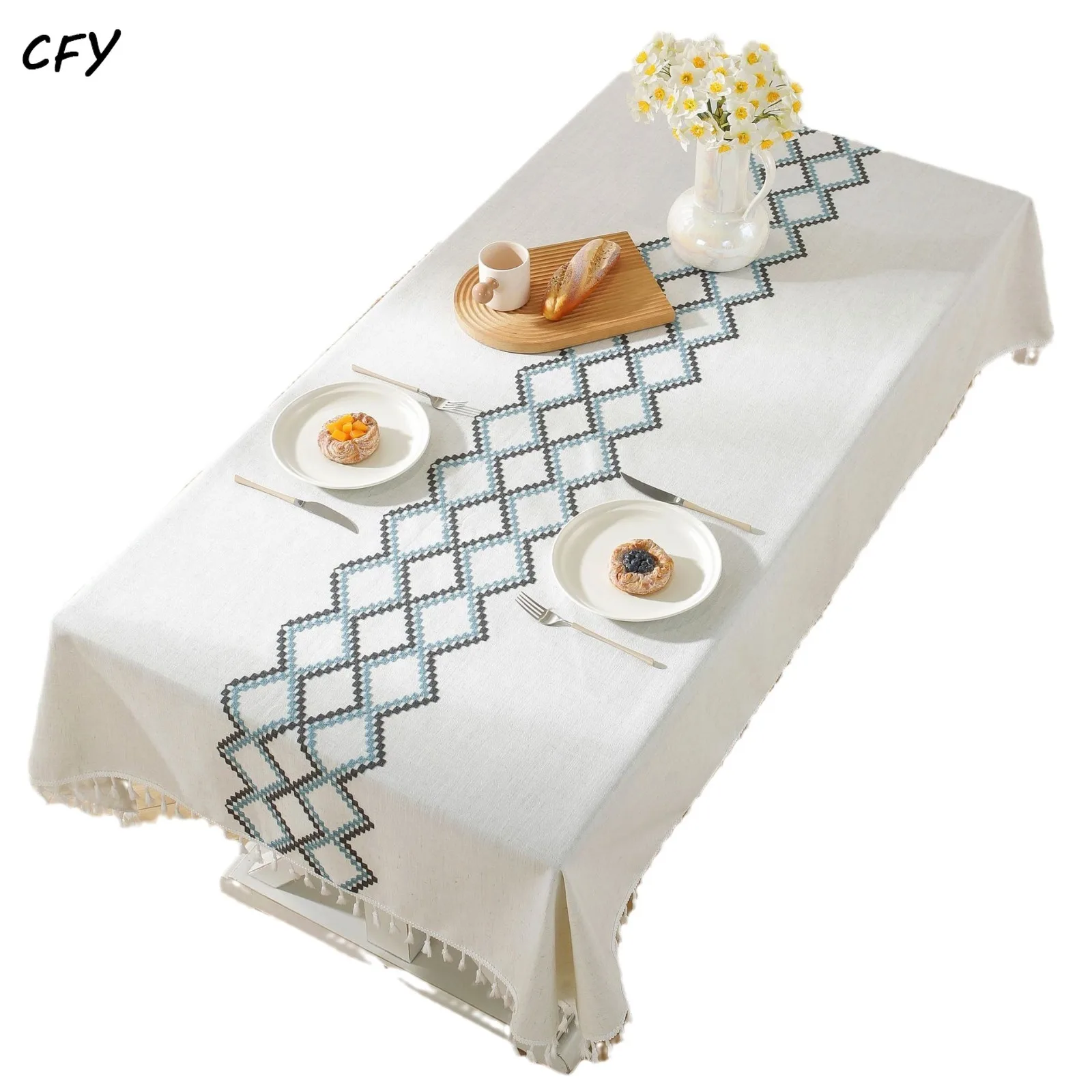 Cotton Linen Nordic Linen Embroidered Cross Stripes Patterns Rectangular Tablecloth Pendant Tea Table Pad Meal Cloth