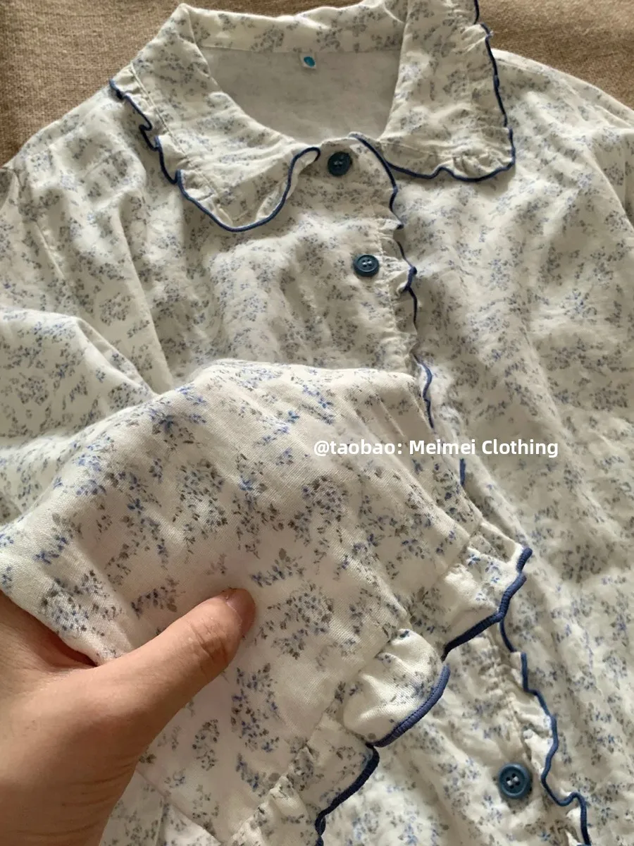 Sweet Floral Print Cotton Pajamas Set for Women Long Sleeve Collared Pants Home Wear Suitable for Spring Autumn And Winter 3