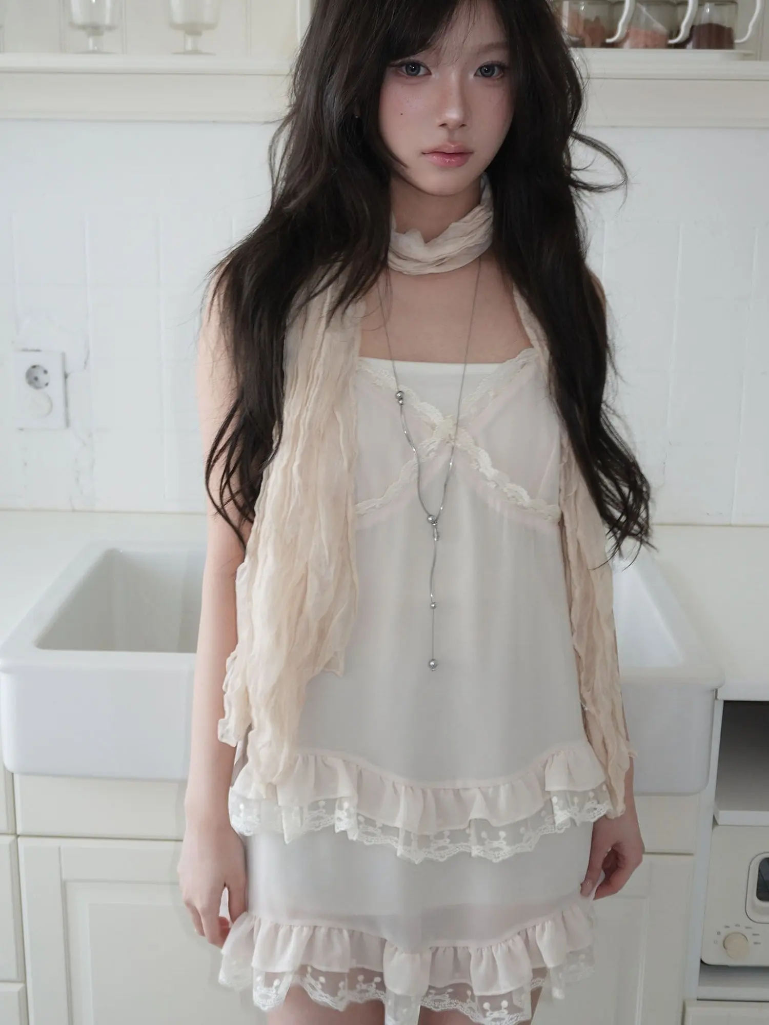 51STUDIO Gentle Girl's Dream Double Layer Lace Hem Blouse Style Women's Dress Sweet Style A-Line Skirt Korean Summer Casual