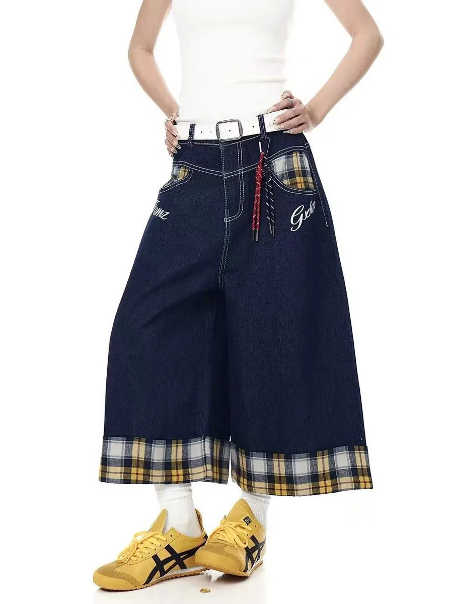 

Мешковатые женские синие джинсы-карго в клетку в стиле пэчворк, укороченные брюки, капри для женщин и мужчин, винтажная уличная одежда