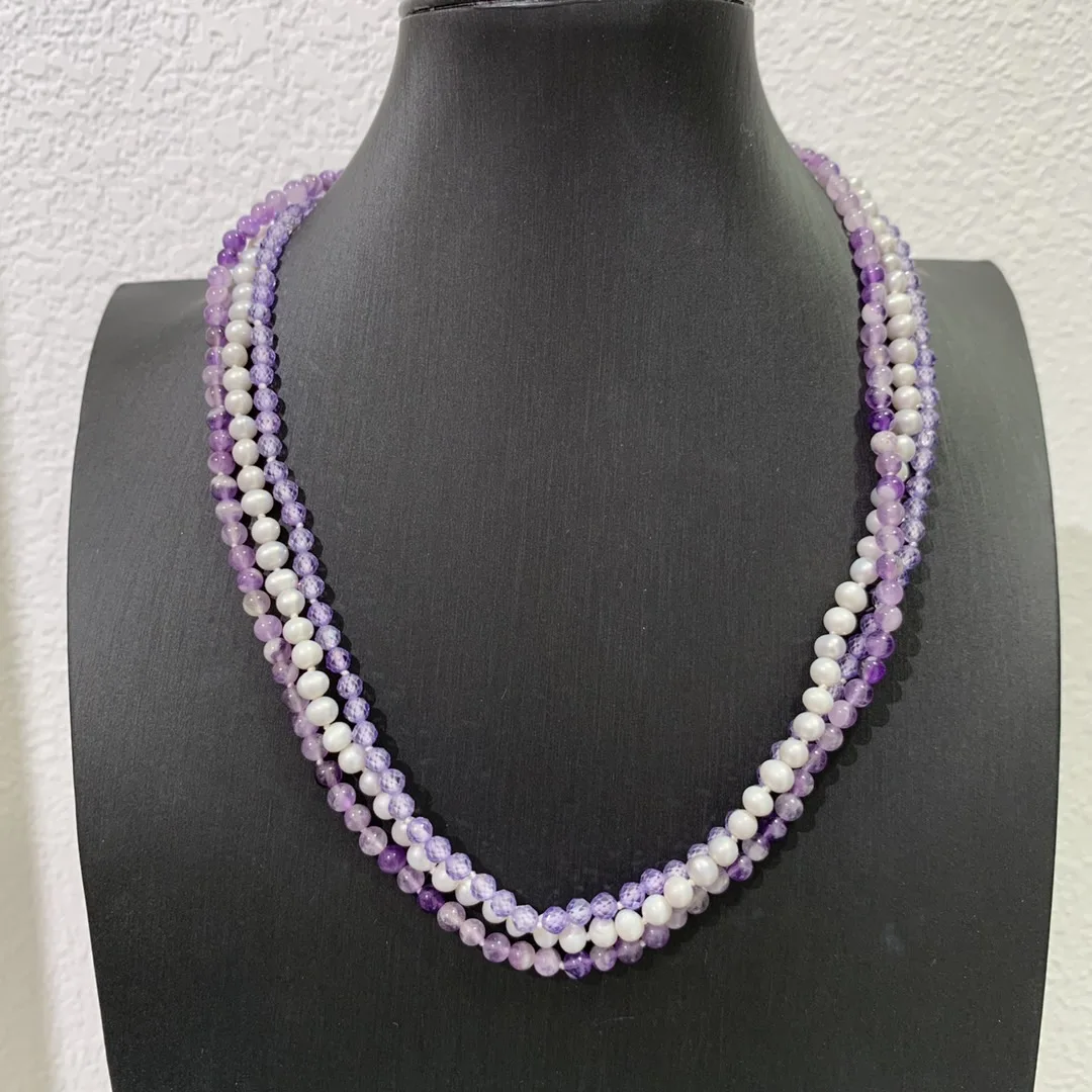 natural fresh water pearl and amethyst mixed necklace purple and grey color fine women jewelry free shipping multi layers