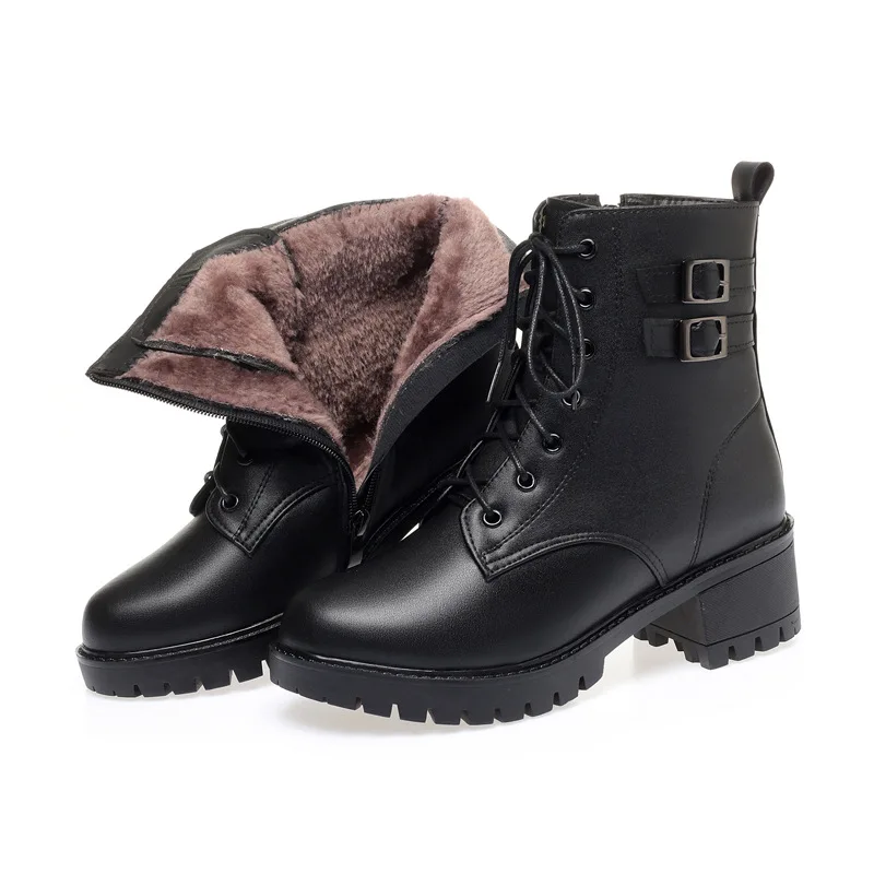 GKTINOO, botas de invierno para mujer, talla grande, nuevas botas de nieve cálidas de lana Natural para mujer, botas cortas de cuero genuino de tacón medio para mujer