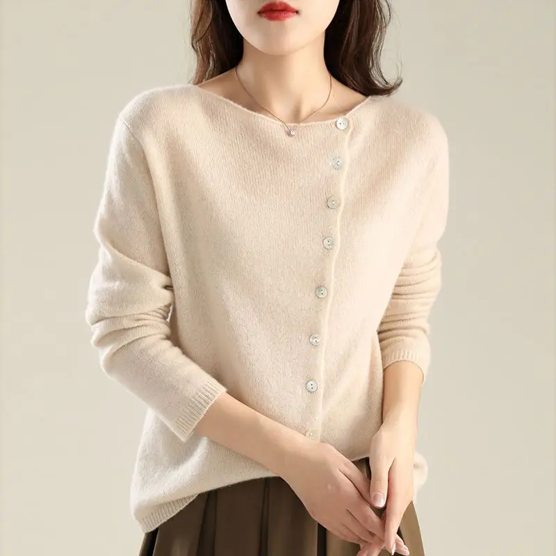 Women Clothing 2023 Autumn Winter Simple Casual Long Sleeve Knitwear Soft Comfortable Solid Slim Button Knitted Sweater Cardigan