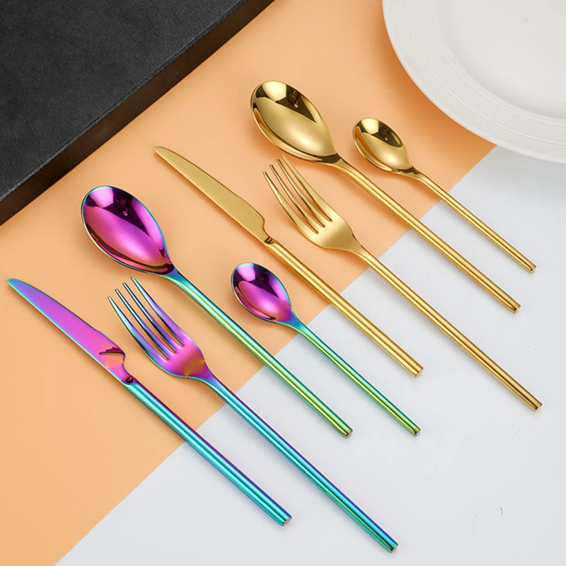 

Stainless Steel Cutlery Set Round Handle Western Portugal Thick Steak Knife Fork Dessert Spoon Gold Dinnerware Accessories 4 Pcs