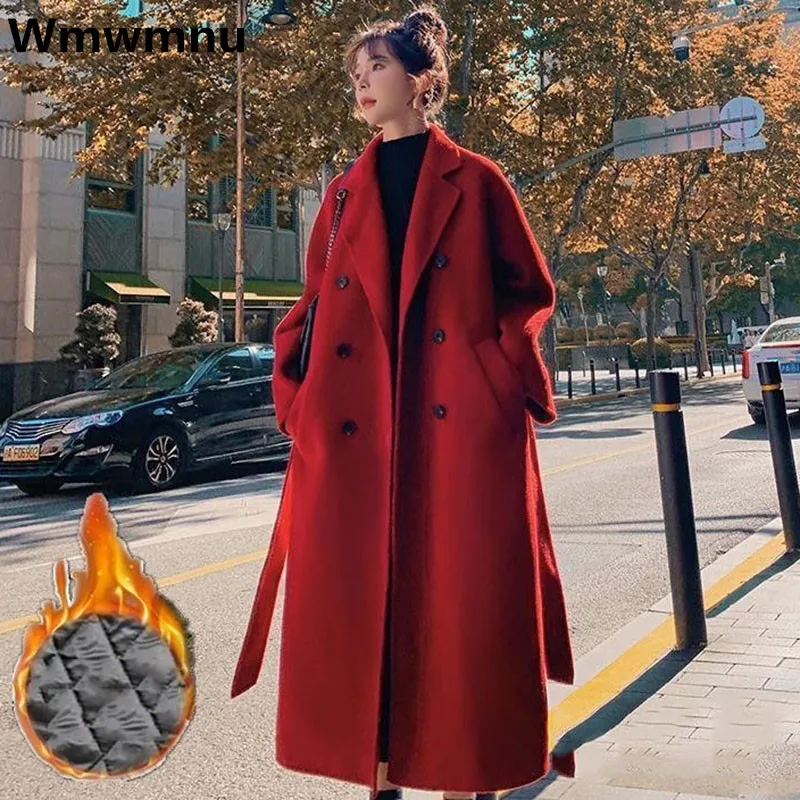 

Winter Woolen Blend Coats Office Lady Mid Length Jackets Warm Thicken Loose Belt Overcoat New Fashion Oversized 5xl Casacos