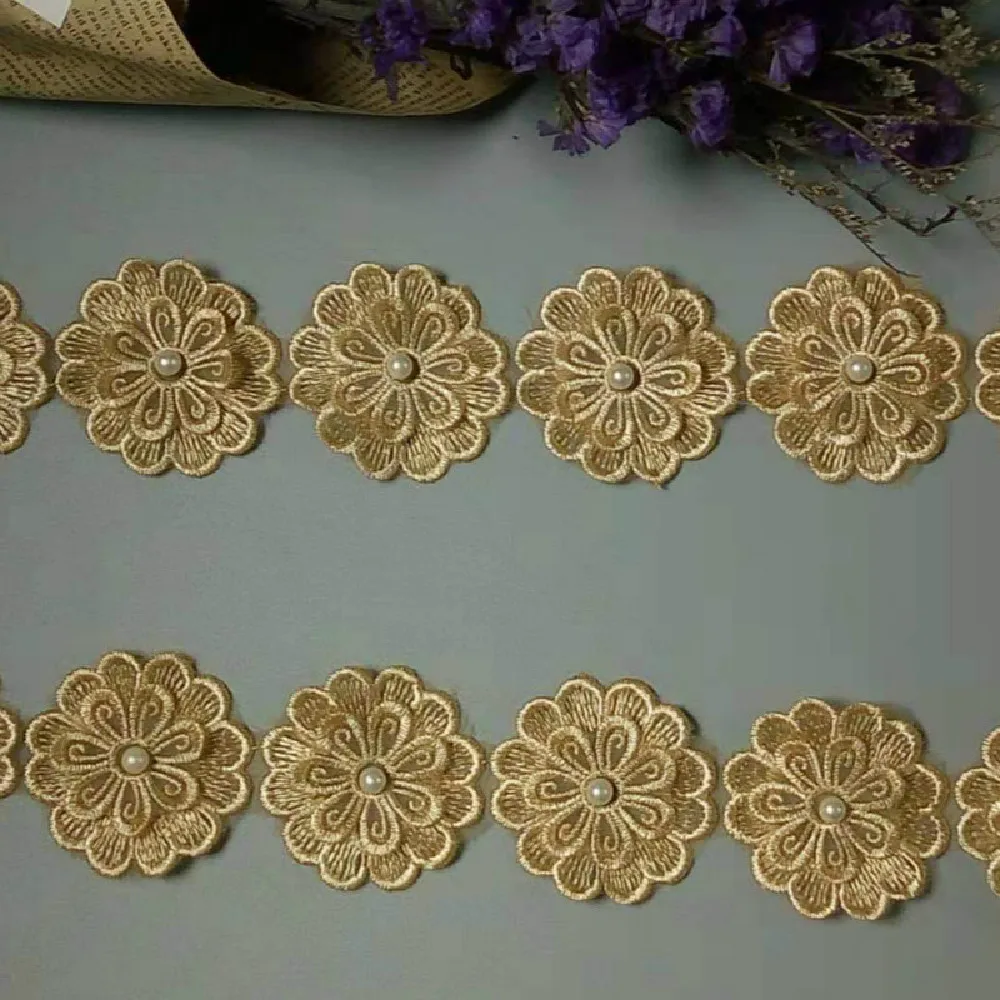 1 metro oro 5 cm fiore di perla fai da te solubile matrimonio pizzo trim lavoro a maglia ricamato fatto a mano patchwork nastro forniture per cucire