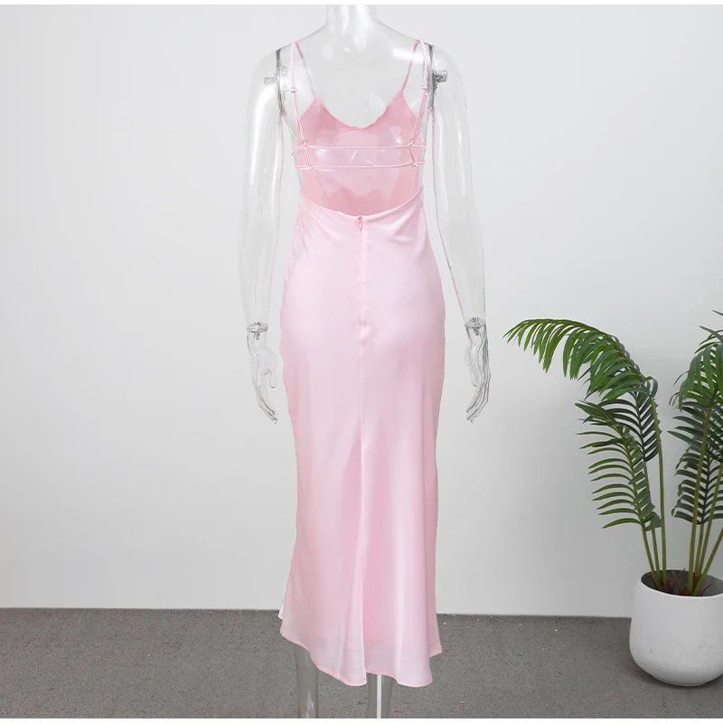 Women Solid Satin Sling Long Dress Casual Backless Sleeveless V-neck Pleated Gowns 2026 Summer Vacation Evening Party Robes