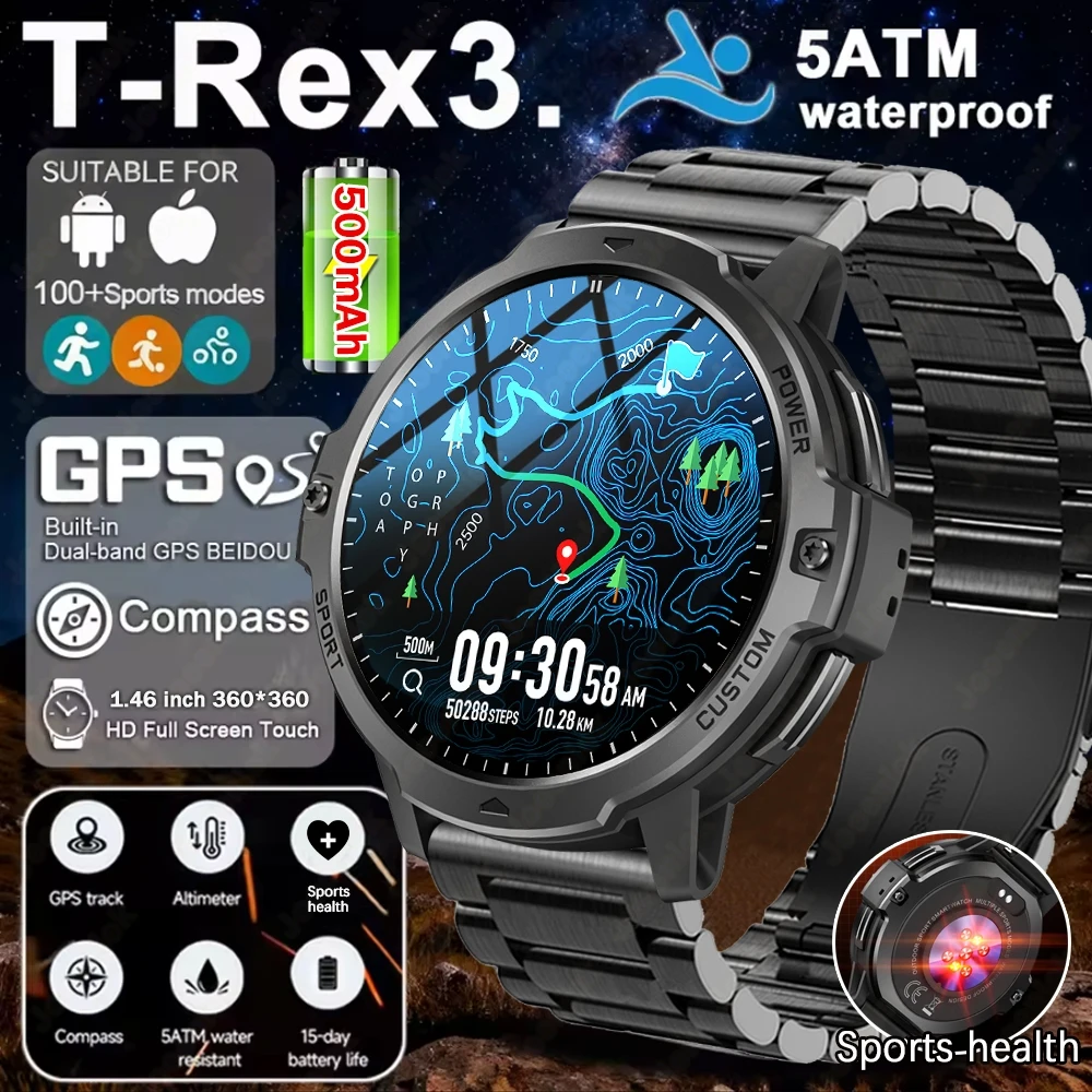 T-Rex 3 Military Outdoor GPS Positioning Smartwatch Men's 24 Hour Sports Health Compass Altimeter 5ATM Waterproof Smart Watch