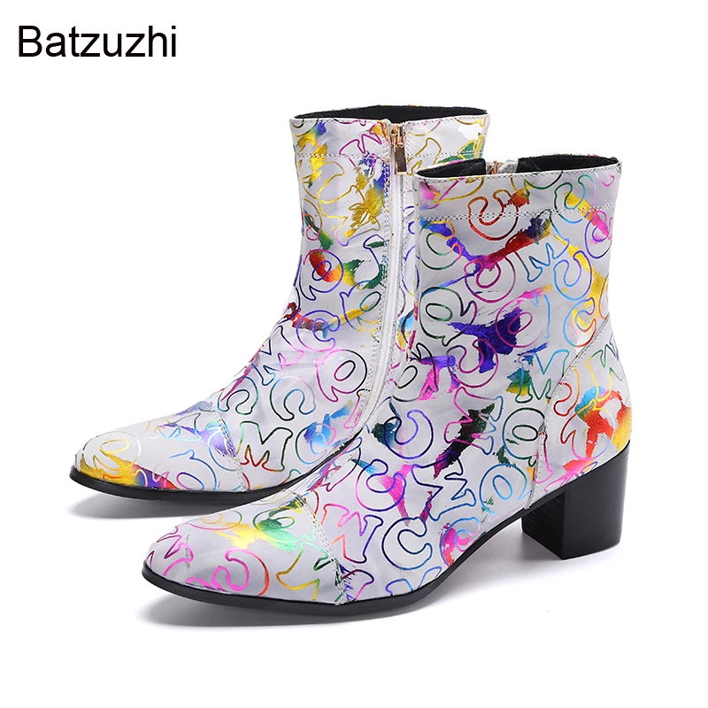 

Batzuzhi 7.5cm High Heels Boots Men Rock Personality Muti Genuine Leather Ankle Boots for Men Party and Wedding Botas Hombre!