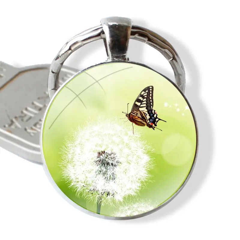 Dandelion Butterflies 25mm Glass Cabohcon Keychain Key Rings for Women Men Jewelry Gift