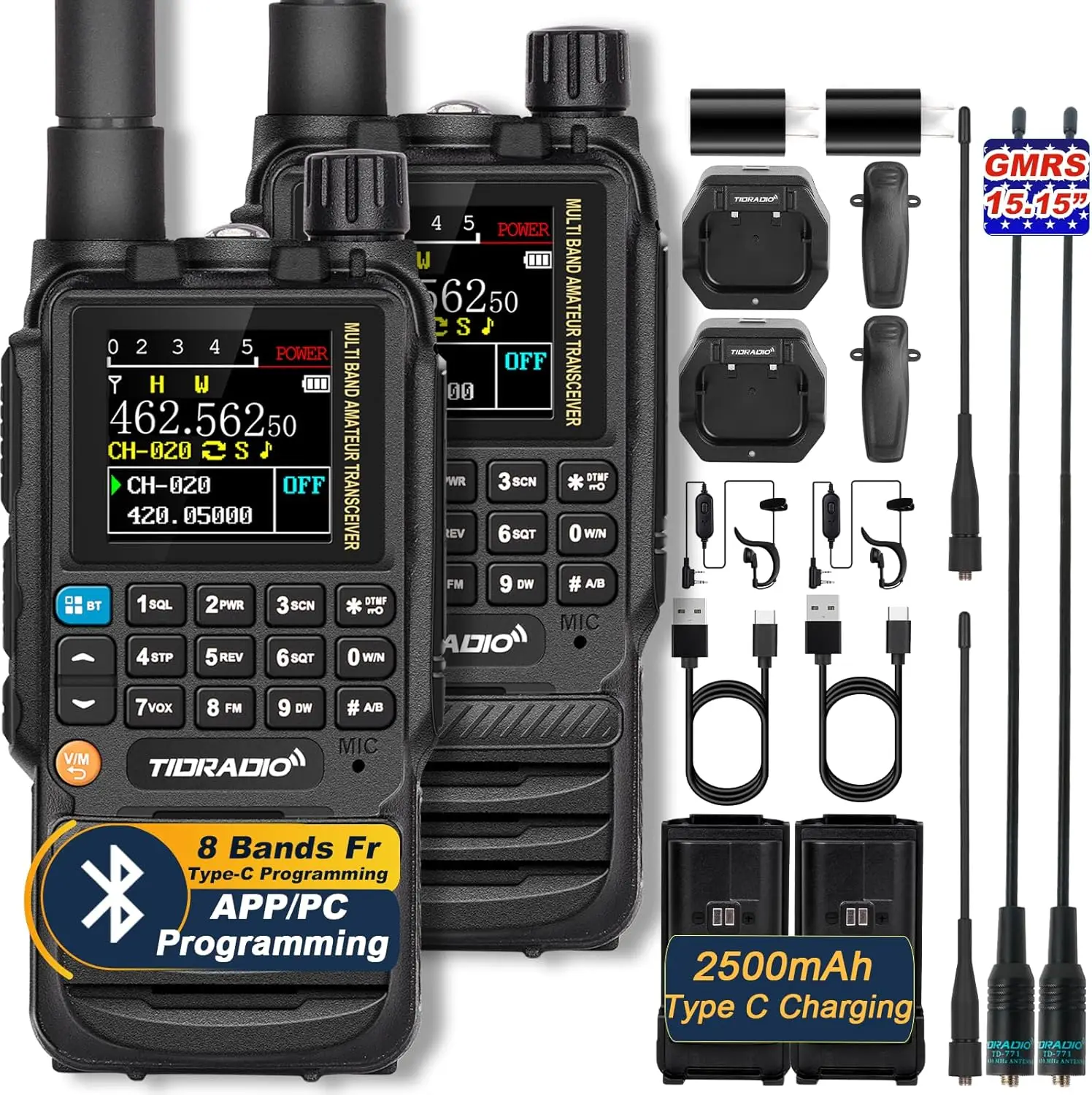 

Дальнобойные рации GMRS с Bluetooth-программированием, 8-диапазонные двухсторонние радиостанции с авиационным диапазоном и функцией NOAA Weather - полный комплект, 2 штуки