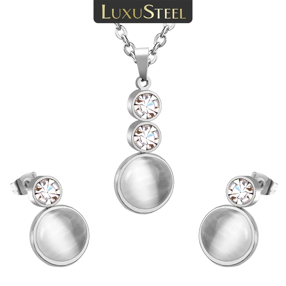 LUXUSTEEL Cat's Eye Stone Women’s Jewelry Set Pendant Earnail Set Stainless Steel Wedding party Pendants Necklace Earring Sets
