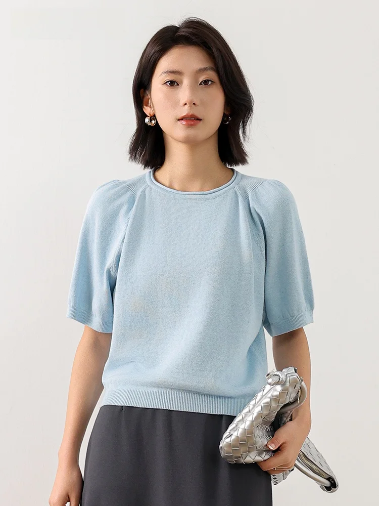 

Breathable Eco-Friendly Women's round Ne Bubble Sve T-irt Thin Stand Fit Summer Cotton Linen Silk Blend Casual Top