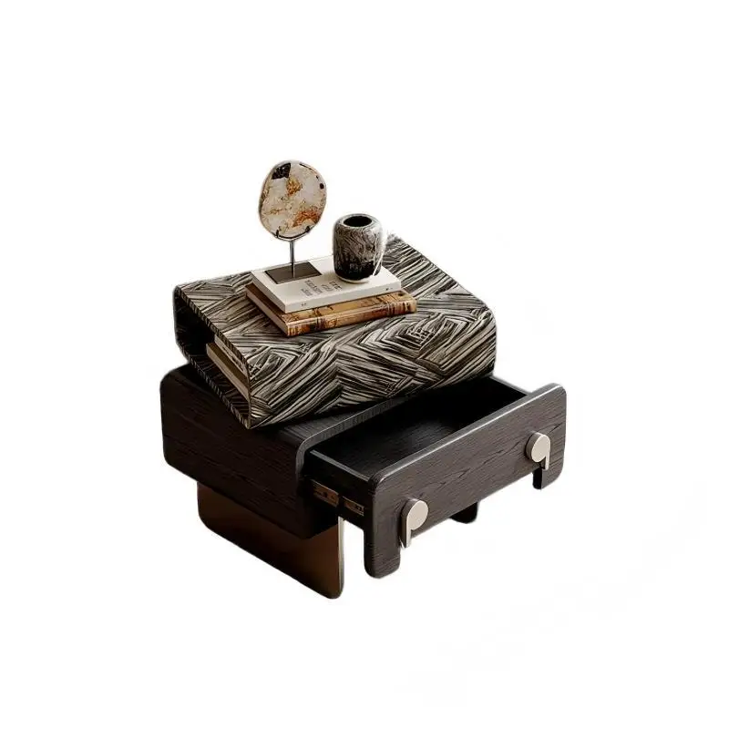 

Italian minimalist creative home bedside table designer small bedroom ash veneer swivel black cabinet bedside table