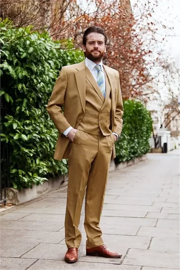 Brown Khaki Casual Wedding Suits For Men Double Breasted Jacket Custom Slim Fit 3 Piece Groom Tuxedo Prom Blazer Sets Masculinos