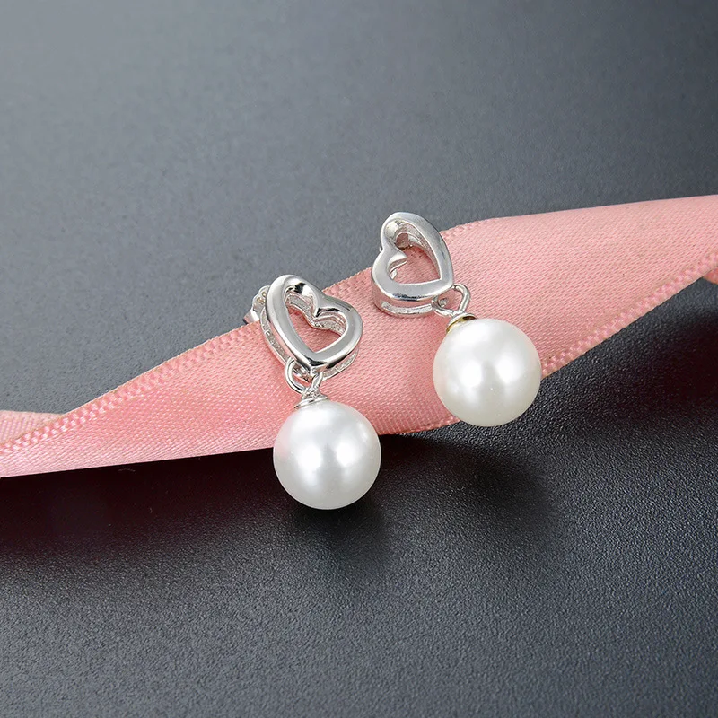 Authentic 925 Sterling Silver Pearl Earring Hollow Heart Stud Earring For Women Girl Wedding Party Jewelry Gift