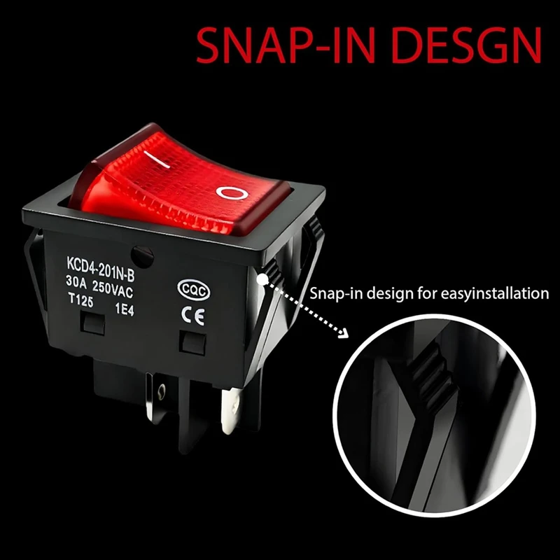 30A 250V AC DPST 4 Pin Rocker Toggle Switch, 4Pack Red Lighted on/Off T125 Toggle Switch Heavy Duty for Home Appliances