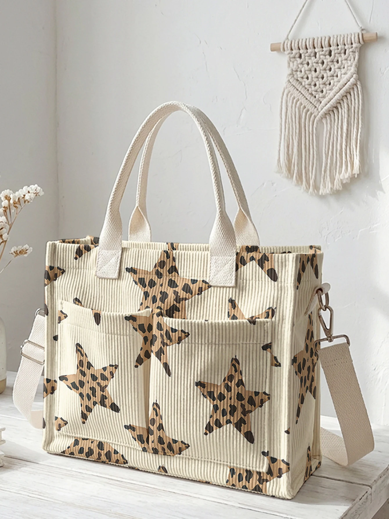 

Leopard Print Star Pattern Corduroy Tote Bag Large Capacity Multi Pocket Commuter Shoulder Bag