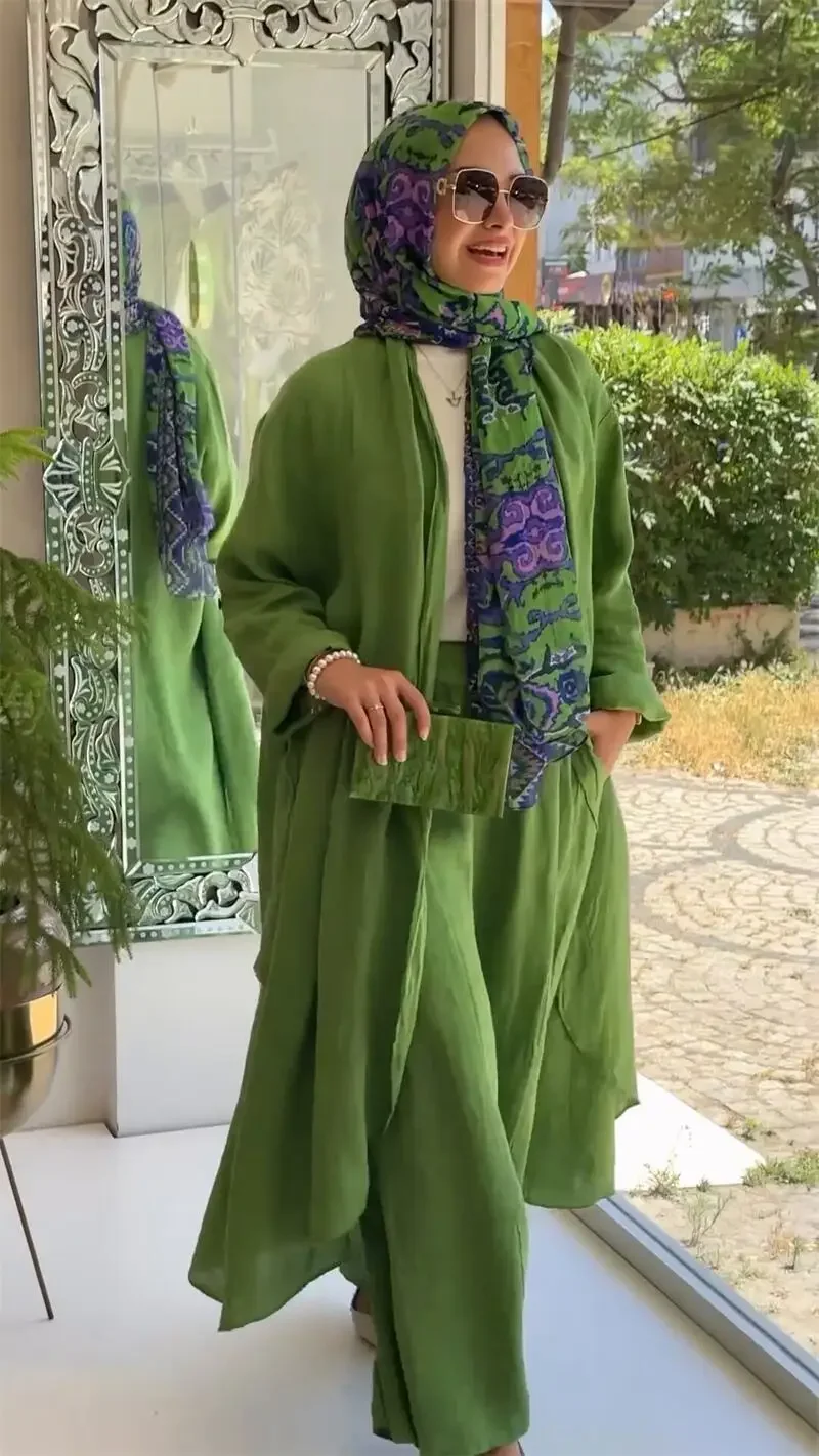 2pcs Muslim Sets Womem Jilbab Eid Hijab Abaya Loose Long Cardigan+wide Leg Pants Suits Two Piece Kaftan Ramadan Islam Clothing